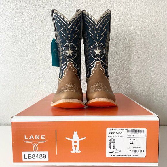 Lane RODEO HOUSTON Mens Cowboy Boots Sz 11 Brown Navy Leather Western Blunt Toe - Picture 10 of 11